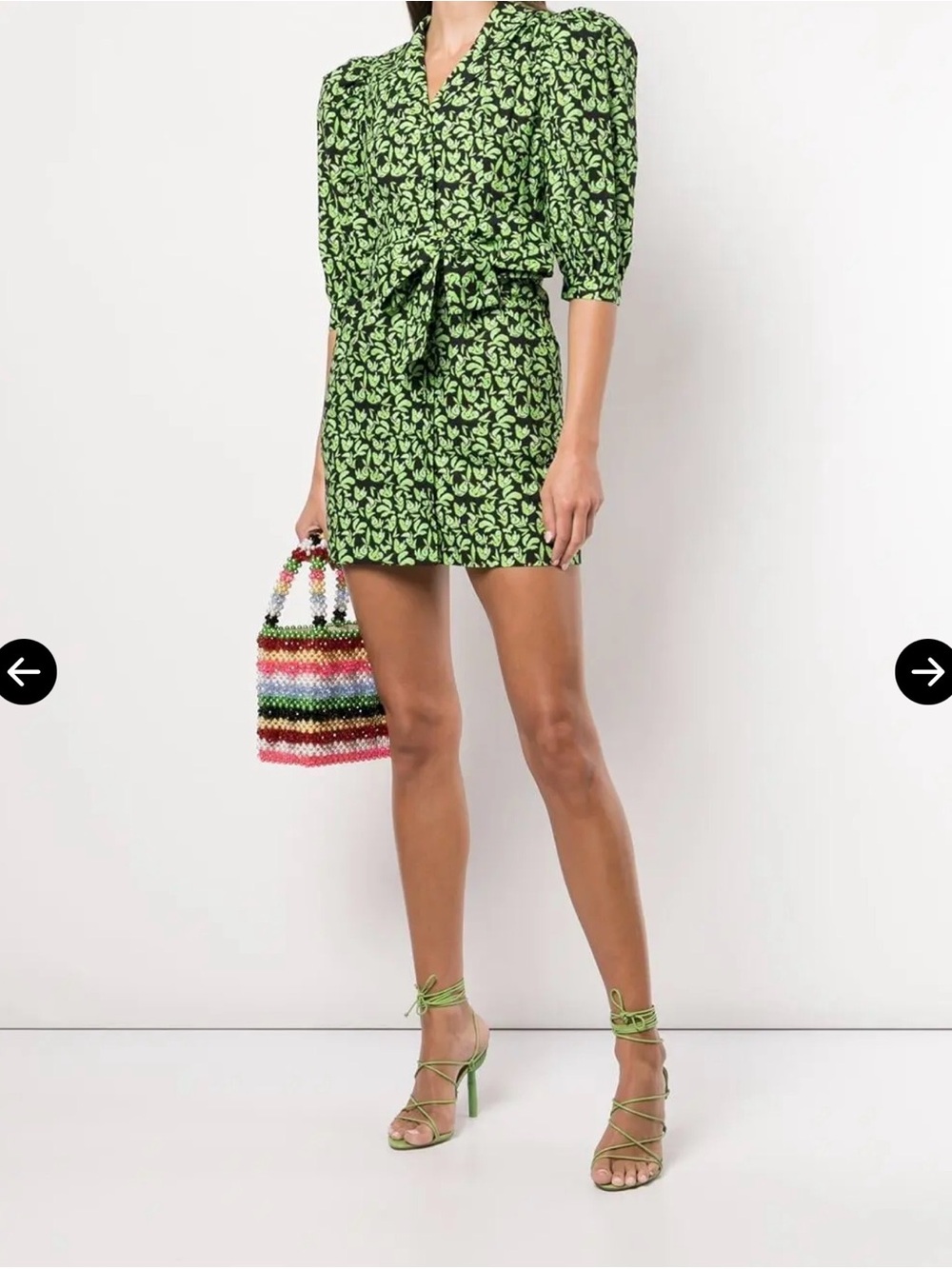 Green Leaf-Print Tie-Waist Mini Dress